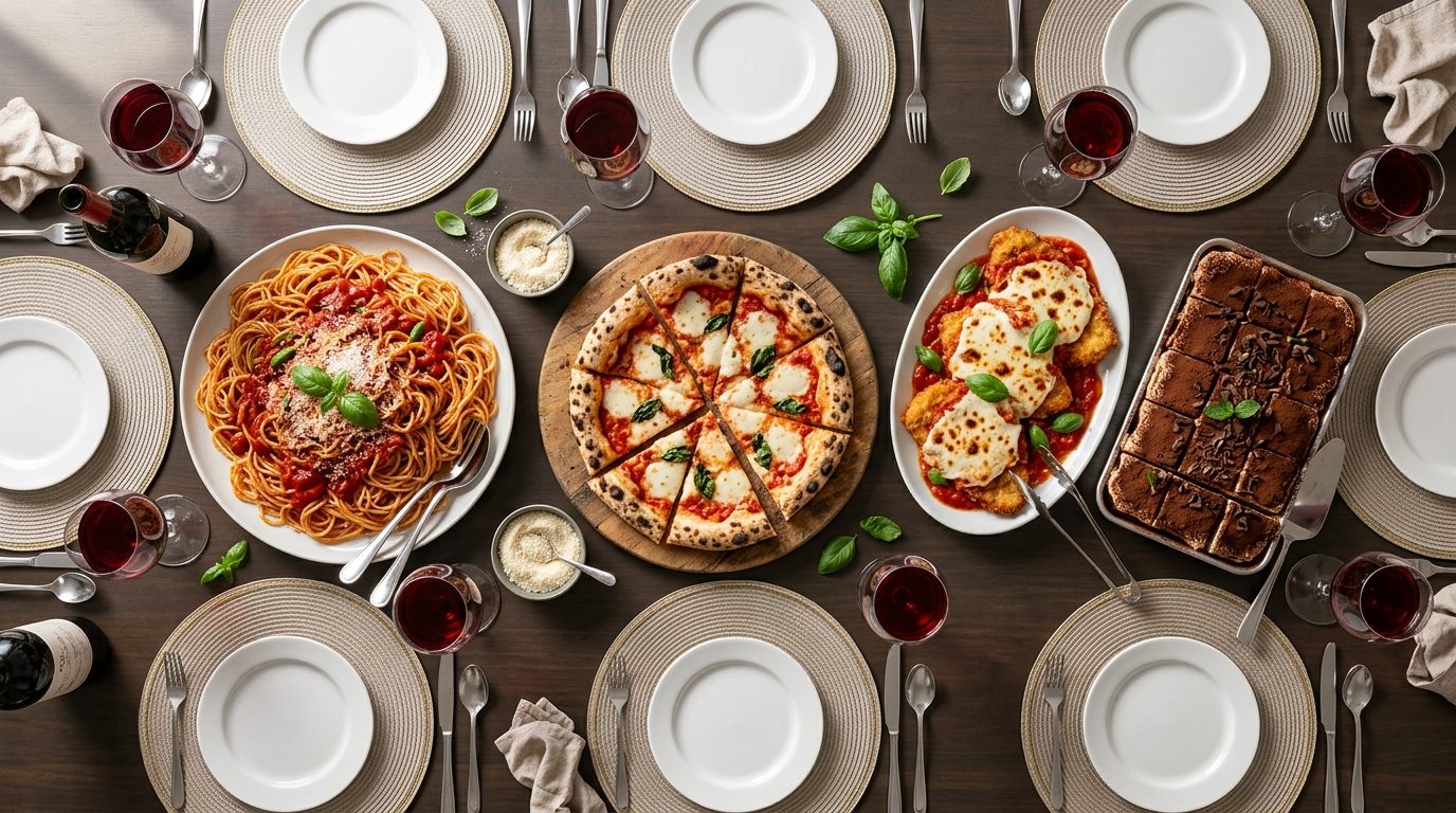 A long banquet table from above, lined with trays of pasta, salad, bread and desserts ready to serve.