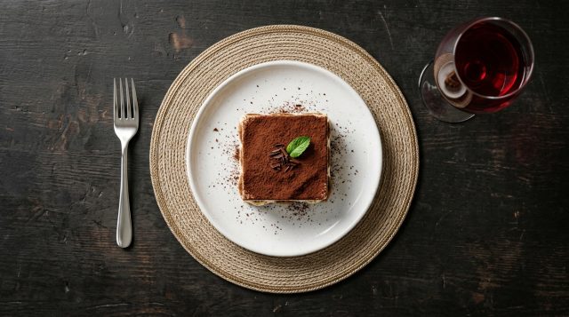 A square slice of tiramisu dusted with cocoa on a small white plate.