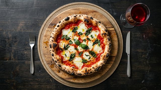 A wood-fired margherita pizza with melted mozzarella, tomato sauce and basil leaves.