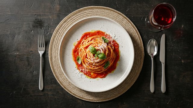 A top-down view of a rustic table set with a bowl of spaghetti in tomato sauce, fresh basil, cherry tomatoes and two glasses of red wine.